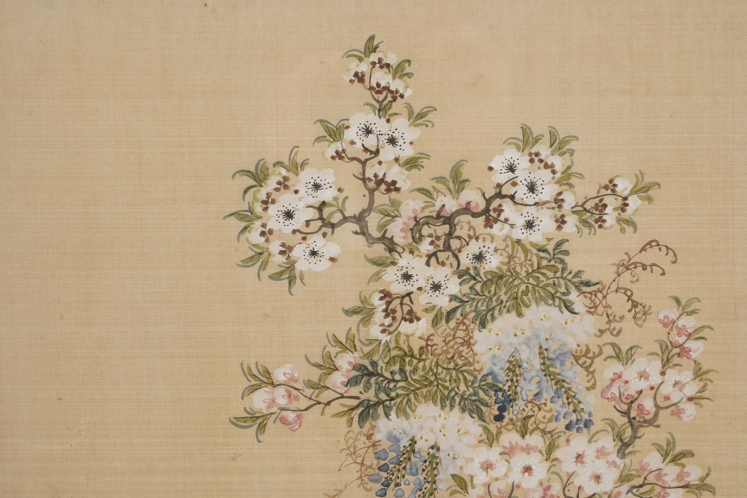 Chinese School , (Early 20th century), Antique vessels and flowers, Ink and colour on silk, 57cm x 36cm